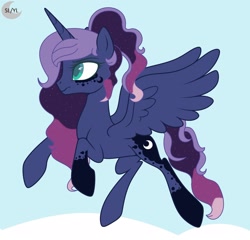 Size: 1920x1845 | Tagged: safe, artist:princesslunayay, base used, character:princess luna, species:alicorn, species:pony, g4, alternate design, base:teepew, cloud, colored eyebrows, colored eyelashes, colored pupils, ethereal mane, eye markings, female, flying, galaxy mane, logo, mare, redesign, sky, socks (coat marking), solo, spread legs, spread wings, spreading, wings