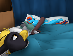 Size: 3034x2340 | Tagged: safe, artist:luximus17, oc, oc:andrew swiftwing, oc:duk, oc:ping wing, species:bird, species:duck, g4, ah yes me my girlfriend and her x, bed, body pillow, cute, duck pony, fangirling, meme, quack, quak