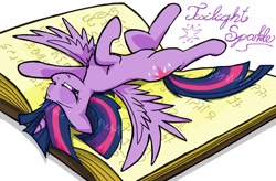 Size: 1280x838 | Tagged: safe, artist:sallycars, character:twilight sparkle, character:twilight sparkle (alicorn), species:alicorn, species:pony, g4, bedroom eyes, book, female, looking at you, lying down, mare, ms paint, on back, solo, spread wings, that pony sure does love books, wings