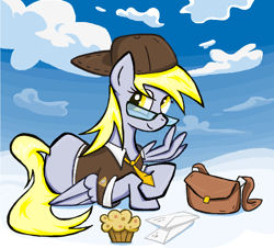 Size: 1072x968 | Tagged: safe, artist:sallycars, character:derpy hooves, species:pegasus, species:pony, g4, clothing, envelope, female, food, glasses, hat, looking at you, mailbag, mailmare, mailmare hat, mailmare uniform, mare, muffin, smiling, smiling at you, solo