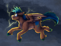Size: 1366x1024 | Tagged: safe, artist:sursiq, oc, oc:stingray, species:pegasus, species:pony, g4, blue mane, blue tail, flying, goggles, lightning, orange body, rain, smiling, solo, spread wings, storm, storm chaser, storming, wings