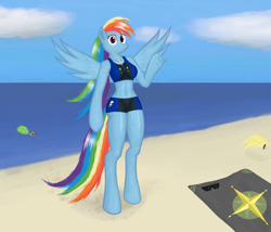 Size: 1400x1200 | Tagged: safe, artist:funkybacon, character:daring do, character:derpy hooves, character:rainbow dash, character:tank, species:anthro, species:unguligrade anthro, arm hooves, beach, belly button, bikini, breasts, busty rainbow dash, clothing, daring do's cutie mark, female, swimsuit