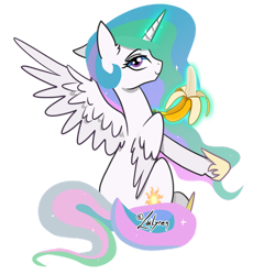 Size: 1024x1024 | Tagged: safe, artist:lailyren, character:princess celestia, species:alicorn, species:pony, g4, banana, bananalestia, ear down, ear fluff, female, food, herbivore, looking at you, looking back, looking back at you, magic, mare, simple background, sitting, solo, telekinesis, transparent background