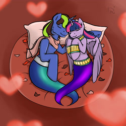 Size: 4000x4000 | Tagged: safe, artist:dark_nidus, character:twilight sparkle, character:twilight sparkle (alicorn), oc, oc:pipa, species:alicorn, species:pony, g4, bed, canon x oc, clothing, collar, commission, cuddling, cute, eyes closed, genie, genie pony, geniefied, heart, in bed, inside, lamp, petals, scarf, shipping, sleeping, smiling, story included, transformation, twipa, wristband, ych result