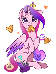 Size: 1024x1354 | Tagged: safe, artist:lailyren, character:princess cadance, species:alicorn, species:pony, g4, blushing, cute, cutedance, digital art, female, food, heart, looking at you, mare, signature, simple background, smiling, solo, transparent background, waffle