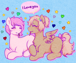Size: 2000x1666 | Tagged: safe, artist:poofindi, oc, oc only, oc:kayla, oc:mary jane, species:earth pony, species:pegasus, species:pony, g4, blushing, bow, duo, eating, eyes closed, female, food, heart, kayry, lesbian, mare, oc x oc, palindrome get, pocky, ponytail, prone, shipping, simple background, tail bow, text
