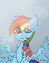 Size: 1700x2200 | Tagged: safe, artist:memengla, character:rainbow dash, species:pegasus, species:pony, g4, ;p, female, flower, one eye closed, rose, solo, tongue out, wink