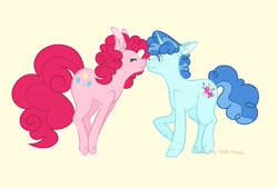 Size: 1024x692 | Tagged: safe, artist:yourrdazzle, character:party favor, character:pinkie pie, species:earth pony, species:pony, species:unicorn, ship:partypie, g4, boop, female, male, noseboop, shipping, simple background, straight, yellow background