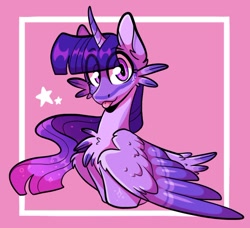 Size: 888x809 | Tagged: safe, artist:rockin_candies, character:twilight sparkle, character:twilight sparkle (alicorn), species:alicorn, species:pony, g4, abstract background, blep, curved horn, feather, female, horn, solo, stars, tongue out, wings
