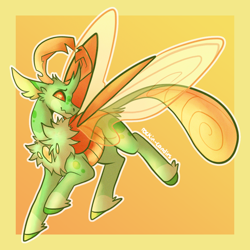 Size: 1000x1000 | Tagged: safe, artist:rockin_candies, character:thorax, species:changedling, species:changeling, species:reformed changeling, g4, abstract background, antlers, chest fluff, elytra, horn, male, smiling, solo, spread wings, wings