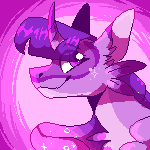 Size: 150x150 | Tagged: safe, artist:rockin_candies, character:twilight sparkle, character:twilight sparkle (alicorn), species:alicorn, species:pony, g4, abstract background, curved horn, female, horn, limited palette, pixel art, smiling, solo