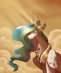 Size: 1000x1198 | Tagged: safe, artist:rockin_candies, character:princess celestia, species:alicorn, species:pony, g4, cloud, crepuscular rays, drooping wings, female, horn, jewelry, regalia, sad, sadlestia, solo, wings
