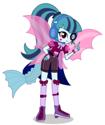 Size: 1755x2094 | Tagged: safe, artist:starflashing twinkle, character:sonata dusk, species:eqg human, g4, my little pony:equestria girls, ankle bracelet, bow, clothing, cute, disguise, disguised siren, female, fin wings, fingerless gloves, fish tail, gloves, headset, monocle, simple background, socks, solo, standing, thigh highs, transparent background, wings, wristband