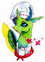 Size: 1024x1412 | Tagged: safe, artist:lailyren, oc, oc only, species:changeling, species:reformed changeling, g4, bust, changeling oc, commission, cook, fanfic art, insect, kiss the cook, male, portrait, solo, traditional art, watercolor painting