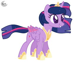 Size: 1534x1290 | Tagged: safe, artist:princesslunayay, base used, character:twilight sparkle, character:twilight sparkle (alicorn), species:alicorn, species:pony, g4, bio in description, colored eyebrows, colored eyelashes, colored pupils, colored wings, crown, ethereal mane, female, galaxy mane, happy, hoof shoes, jewelry, logo, mare, necklace, next generation, older, regalia, simple background, smiling, solo, white background, wings