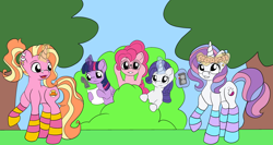 Size: 4678x2481 | Tagged: safe, artist:appleneedle, artist:icey-wicey-1517, edit, character:luster dawn, character:pinkie pie, character:potion nova, character:rarity, character:twilight sparkle, character:twilight sparkle (alicorn), species:alicorn, species:earth pony, species:pony, species:unicorn, ship:lusternova, g4, my little pony:pony life, binoculars, bush, clothing, collaboration, color edit, colored, ear piercing, earring, female, glowing horn, grass, hiding, horn, jewelry, lesbian, levitation, magic, mare, nose piercing, open mouth, paper, pencil, piercing, raised hoof, shipper on deck, shipper pie, shipperity, shipping, socks, spying, striped socks, tape recorder, telekinesis, tree