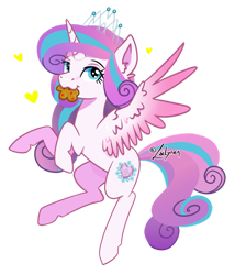 Size: 1024x1196 | Tagged: safe, artist:lailyren, character:princess flurry heart, species:alicorn, species:pony, g4, colored wings, crown, cute, female, flurrybetes, food, fritter, heart, jewelry, mare, multicolored wings, nom, older, older flurry heart, regalia, signature, simple background, smiling, solo, spread wings, transparent background, wings