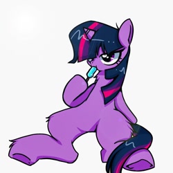 Size: 768x768 | Tagged: safe, artist:tomizawa96, character:twilight sparkle, species:pony, g4, eating, female, food, mare, popsicle, simple background, solo, spread legs, spreading, underhoof, white background