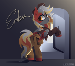 Size: 1222x1080 | Tagged: safe, artist:willoillo, oc, oc only, oc:ember (ignis), species:pegasus, species:pony, g4, butt, clothing, female, hat, jacket, mechanic, pants, refrigerator, simple background, solo, two toned coat, vector