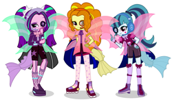 Size: 1539x900 | Tagged: safe, artist:starflashing twinkle, character:adagio dazzle, character:aria blaze, character:sonata dusk, g4, my little pony:equestria girls, disguise, disguised siren, fin wings, fish tail, headset, looking at you, monocle, simple background, the dazzlings, white background, wings