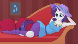 Size: 5000x2813 | Tagged: safe, artist:irisarco, character:rarity, species:anthro, species:plantigrade anthro, species:unicorn, g4, my little pony:equestria girls, bedroom eyes, breasts, clothing, couch, cutie mark, draw me like one of your french girls, dress, equestria girls outfit, eyeshadow, hat, jewelry, lidded eyes, looking at you, lying down, makeup, necklace, pillow, poster, seductive pose, skirt, socks, wallpaper