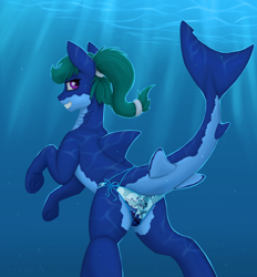 Size: 1300x1400 | Tagged: safe, artist:stray prey, oc, oc only, oc:mako, species:pony, g4, clothing, digital art, female, fins, looking at you, looking back, looking back at you, mare, original species, shark, shark pony, solo, swimsuit, tail, underwear