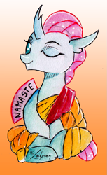 Size: 721x1181 | Tagged: safe, artist:lailyren, character:ocellus, species:changedling, species:changeling, species:reformed changeling, g4, female, one eye closed, orange background, simple background, solo, traditional art, watercolor painting, wink