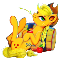 Size: 930x905 | Tagged: safe, artist:lailyren, character:applejack, species:earth pony, species:pony, g4, apple, barrel, braid, clothing, cowboy hat, female, food, hat, mare, obligatory apple, simple background, solo, straw in mouth, transparent background