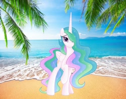 Size: 800x629 | Tagged: safe, artist:negatif22, artist:princesslunayay, character:princess celestia, species:alicorn, species:pony, g4, adorasexy, beach, beautiful, cute, cutelestia, female, irl, looking at you, mare, ocean, palm tree, photo, ponies in real life, raised hoof, sand, sexy, sky, smiling, smiling at you, solo, tree