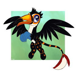 Size: 2400x2250 | Tagged: safe, artist:litrojia, oc, oc only, oc:tristão, species:bird, species:griffon, g4, abstract background, beak, claws, commission, flying, griffon oc, looking at you, male, ocelot, open beak, open mouth, paws, smiling, solo, spots, spread wings, toco toucan, tongue out, toucan, toucan griffon, vector, wings