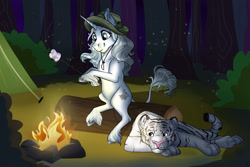 Size: 2514x1679 | Tagged: safe, artist:ali-selle, oc, oc only, oc:sumona, species:classical unicorn, species:pony, species:unicorn, g4, big cat, campfire, cloven hooves, commission, firefly, food, forest, insect, leonine tail, marshmallow, pet, tent, tiger, unshorn fetlocks
