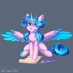 Size: 2000x2000 | Tagged: safe, artist:neonishe, oc, oc only, oc:neon star, species:alicorn, species:pony, g4, alicorn oc, female, gray background, horn, quill, scroll, simple background, solo, wings