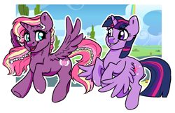 Size: 1356x871 | Tagged: safe, artist:ali-selle, character:twilight sparkle, character:twilight sparkle (alicorn), oc, oc:lightning starlight, species:alicorn, species:pony, g4, alicorn oc, cute, female, flying, horn, looking at each other, mare, simple background, smiling, transparent background, wings