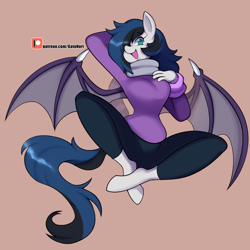 Size: 2514x2517 | Tagged: safe, artist:norithecat, oc, oc only, species:anthro, species:bat pony, species:pony, species:unguligrade anthro, g4, bat pony oc, bat wings, breasts, clothing, commission, digital art, female, hand on chest, looking at you, mare, open mouth, simple background, solo, tail, wings