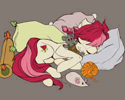 Size: 2080x1674 | Tagged: safe, artist:sofiko-ko, character:roseluck, species:earth pony, species:pony, g4, eyes closed, female, plushie, pony pet, rosepet, sleeping, solo