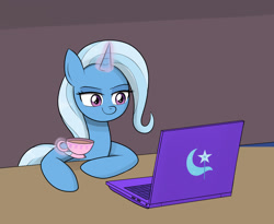 Size: 1100x900 | Tagged: safe, artist:mew-me, character:trixie, species:pony, species:unicorn, g4, computer, cup, cutie mark, laptop computer, magic, teacup, telekinesis