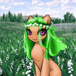 Size: 960x956 | Tagged: safe, artist:dark_nidus, derpibooru original, oc, oc only, species:earth pony, species:pony, g4, cloud, curly hair, floral head wreath, flower, flower in hair, forest, lilies, outdoors, scenery, solo, wreath
