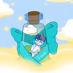Size: 960x960 | Tagged: safe, artist:dark_nidus, oc, oc only, species:pony, g4, bottle, bow, chibi, choker, cloud, cutie mark, eyes closed, glasses, pony in a bottle, sleeping, solo, tail