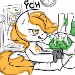 Size: 3000x3000 | Tagged: safe, artist:dark_nidus, species:pony, g4, advertisement, clock, commission, controller, indoors, photo, pillow, sketch, tongue out, your character here