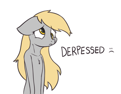 Size: 1123x865 | Tagged: safe, artist:kamikazelenna, character:derpy hooves, species:pony, g4, depressed, female, floppy ears, mare, sad, sad face, semi-anthro, simple background, solo, text, white background, wingless