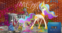 Size: 2523x1348 | Tagged: safe, artist:miradge, character:berry punch, character:berryshine, character:derpy hooves, character:discord, character:princess celestia, character:spike, species:alicorn, species:breezies, species:bushwoolie, species:draconequus, species:dragon, species:earth pony, species:flutter pony, species:pegasus, species:pony, species:sea pony, bottle, brick, bush woolies, female, frown, gem, graffiti, grin, lidded eyes, mailbox, mare, open mouth, parade, parasprite, raised hoof, sitting, smiling, sunglasses, trash, trash can, walking, wall, wat