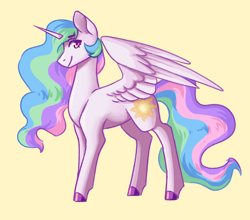 Size: 1832x1610 | Tagged: safe, artist:flaming-trash-can, character:princess celestia, species:alicorn, species:pony, g4, cute, female, horn, looking at you, simple background, solo, wings, yellow background