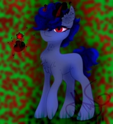 Size: 736x812 | Tagged: safe, artist:nel_liddell, oc, oc only, species:earth pony, species:pony, g4, abstract background, chest fluff, earth pony oc, horns, signature, solo