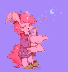 Size: 750x800 | Tagged: safe, artist:mirululu, character:gummy, character:pinkie pie, species:earth pony, species:pony, g4, alternate hairstyle, bipedal, clothing, crescent moon, cute, diapinkes, eyes closed, female, hat, hoof hold, mare, moon, nightcap, open mouth, pajamas, pillow, purple background, simple background, slippers, solo, yawn