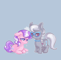 Size: 750x734 | Tagged: safe, artist:mirululu, character:diamond tiara, character:silver spoon, species:earth pony, species:pony, g4, adorabullies, blue background, crying, cute, duo, female, filly, floppy ears, jewelry, sad, sadorable, simple background, tiara