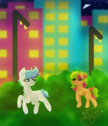 Size: 735x858 | Tagged: safe, artist:nel_liddell, oc, oc only, species:earth pony, species:pony, g4, building, bush, chest fluff, duo, earth pony oc, looking back, outdoors, raised hoof, stars, ufo