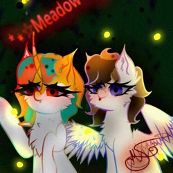Size: 1080x1080 | Tagged: safe, artist:nel_liddell, oc, oc only, species:pegasus, species:pony, species:unicorn, g4, bust, chest fluff, duo, eyelashes, firefly, horn, insect, pegasus oc, raised hoof, signature, unicorn oc, waving, wings