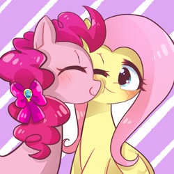 Size: 768x768 | Tagged: safe, artist:tomizawa96, character:fluttershy, character:pinkie pie, species:earth pony, species:pegasus, species:pony, ship:flutterpie, g4, andrea libman, blushing, bow, female, lesbian, nuzzling, one eye closed, shipping