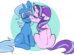 Size: 2000x1500 | Tagged: safe, artist:goshhhh, character:starlight glimmer, character:trixie, species:pony, species:unicorn, ship:startrix, g4, cute, eyes closed, female, horn, lesbian, shipping, simple background, smiling, smooch