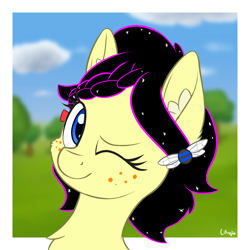 Size: 2000x2000 | Tagged: safe, artist:litrojia, oc, oc only, oc:sunnie bun, species:earth pony, species:pony, g4, blurred background, bust, cheek fluff, chest fluff, cloud, commission, ear fluff, female, freckles, looking at you, mare, one eye closed, portrait, scenery, smiling, solo, tree, wink